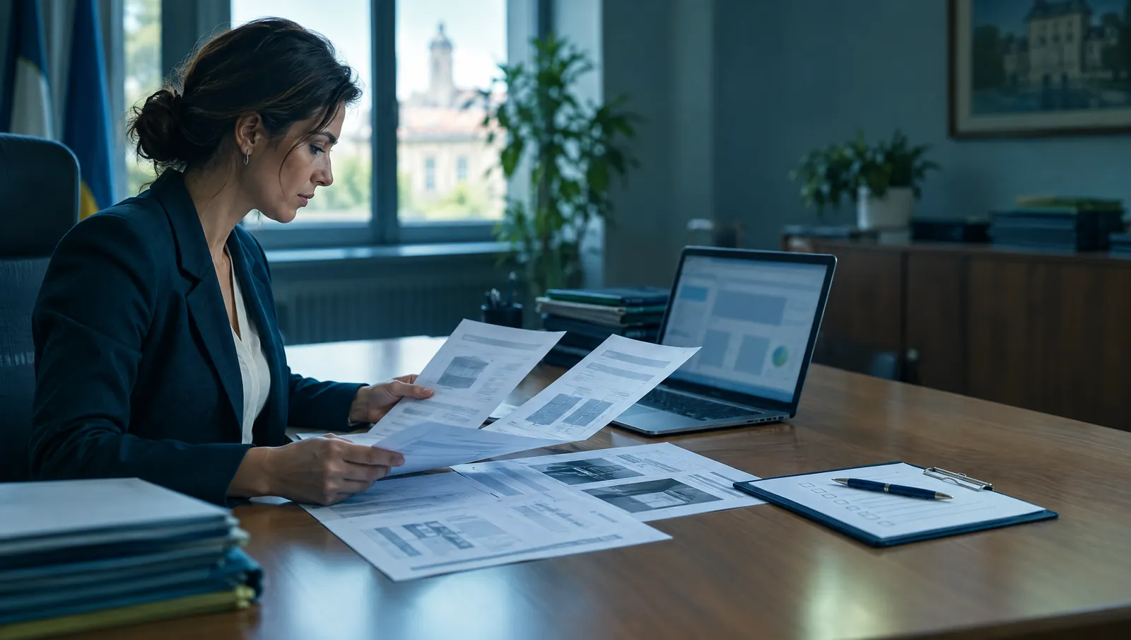 Funzionaria dell'ufficio acquisti confronta offerte di fornitori e schede tecniche alla scrivania