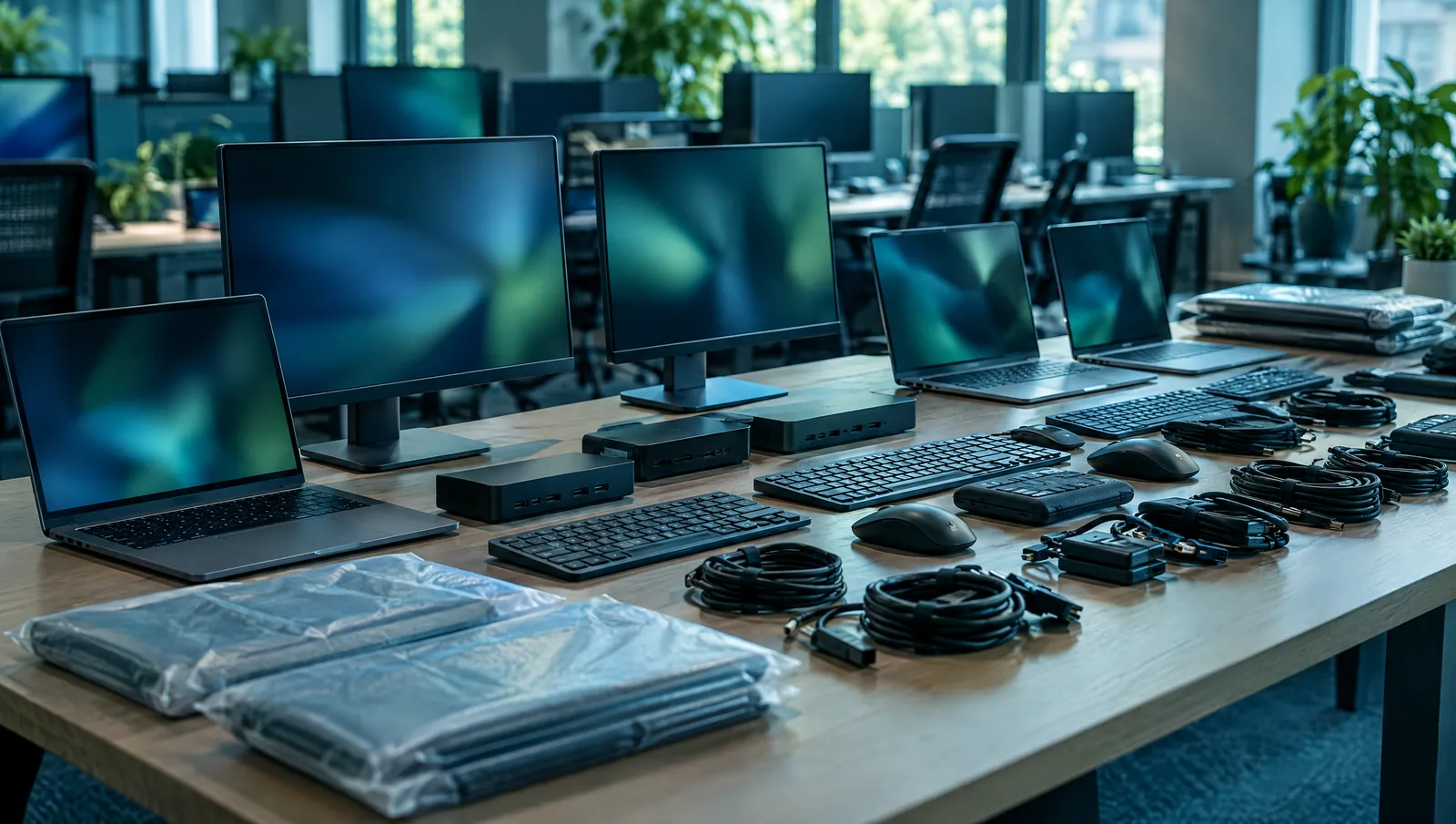 Portatili, monitor, docking station e accessori pronti per un ufficio pubblico