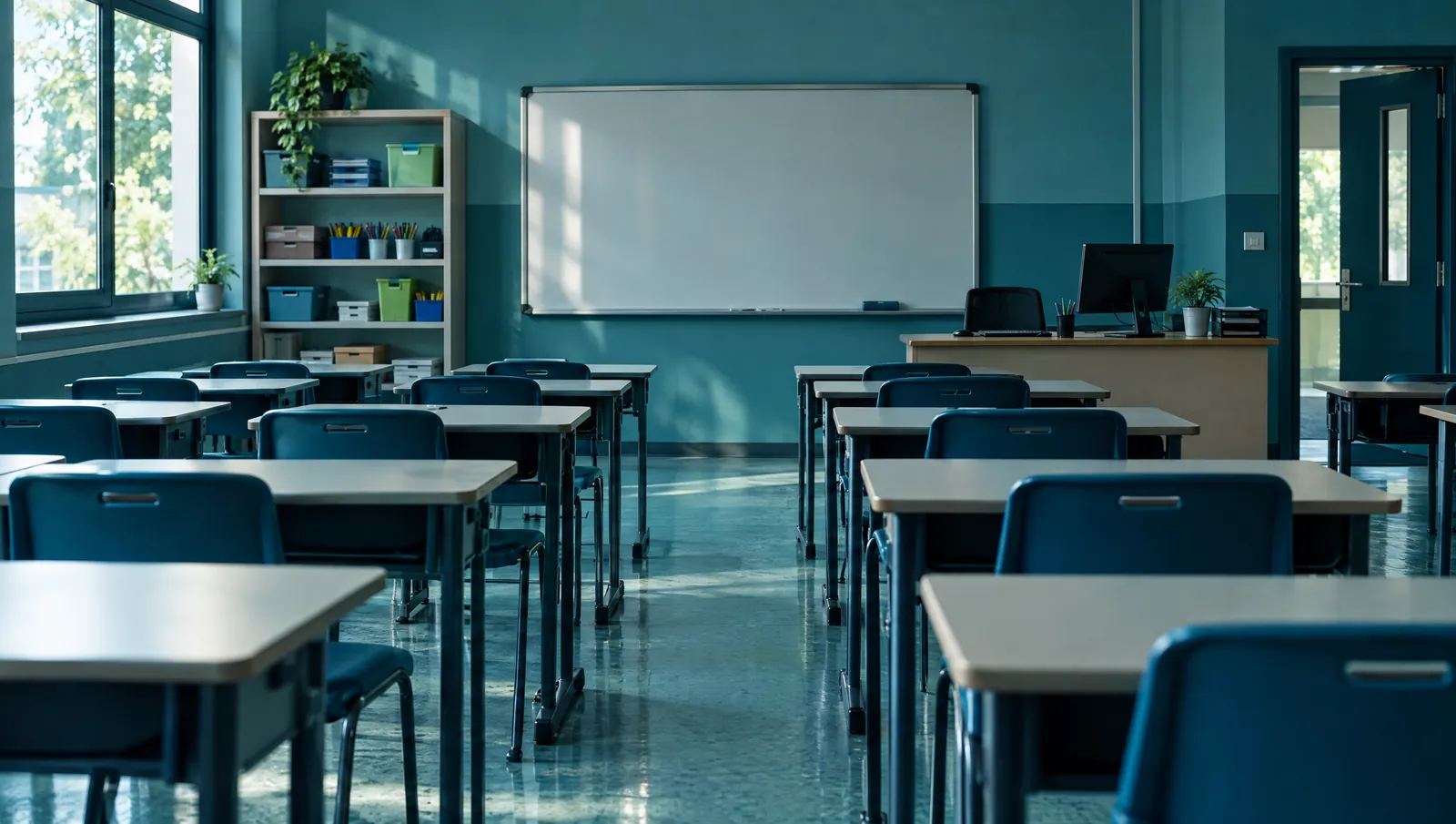 Aula scolastica con banchi e sedie nuovi e postazione di segreteria