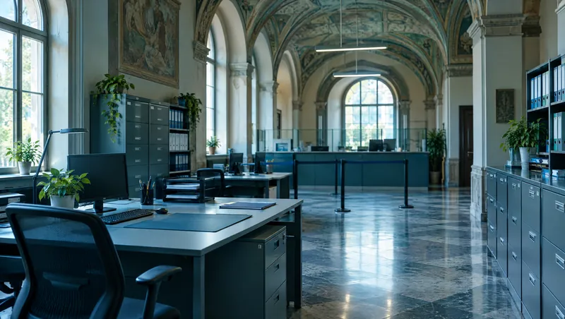 Ufficio comunale ordinato con scrivanie, sedute ergonomiche e archivi